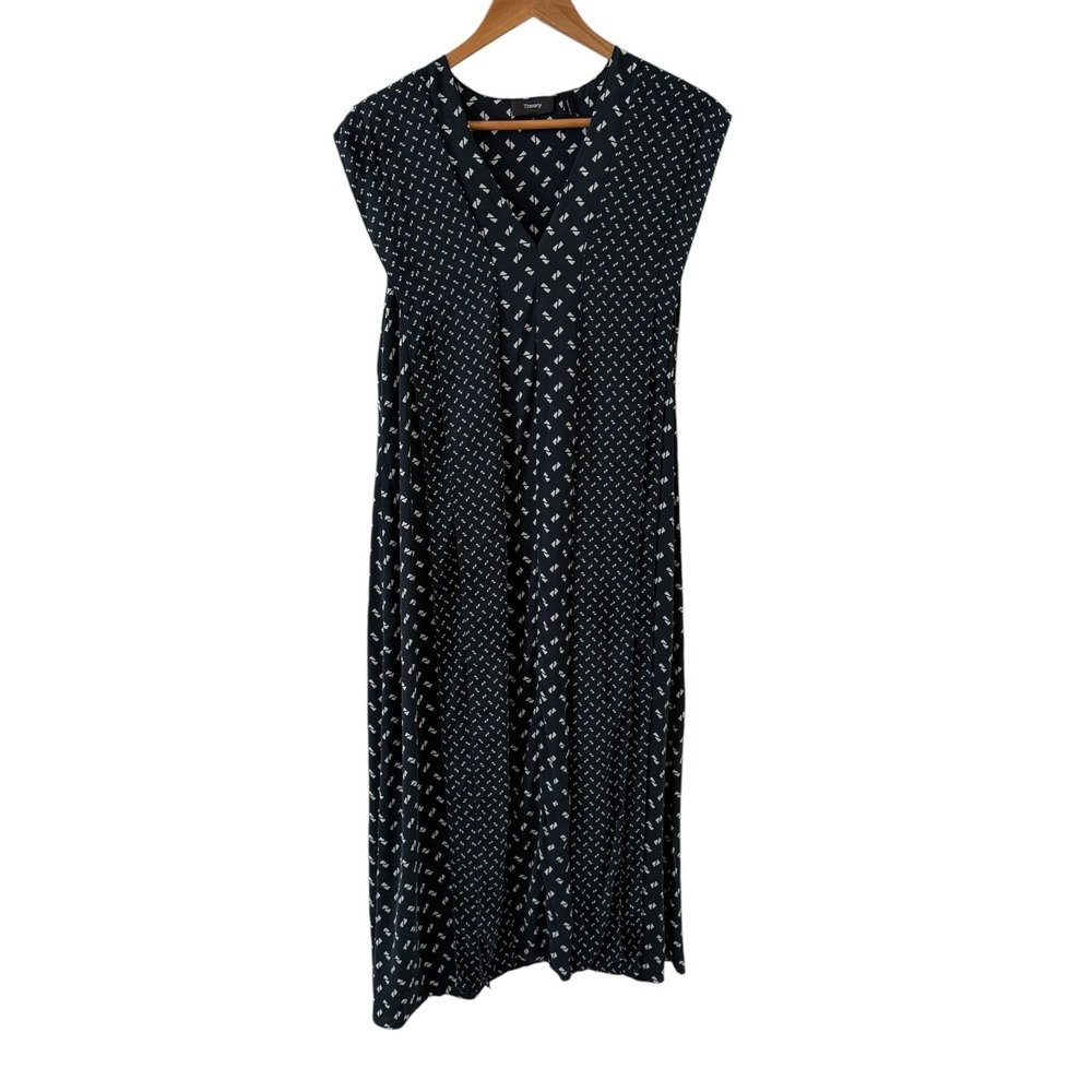 Theory Silk Geometric Print Shift Dress Womens S Blue V Neck Midi Work Office